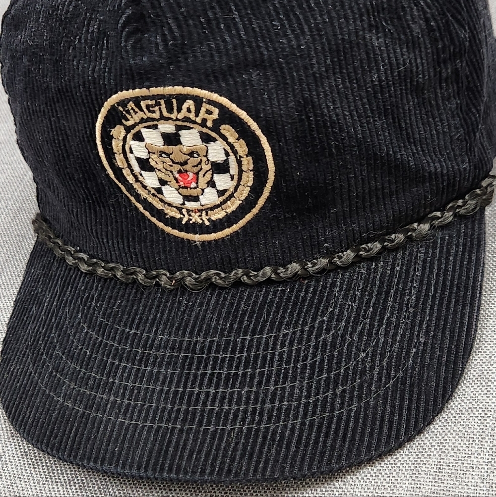 Vintage Jaguar Luxury Car Co. Black Corduroy Trucker Snapback Hat/ Cap.